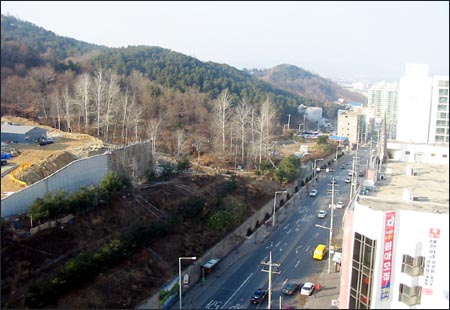 아파트 단지 건너편으로 고등학교 건설 현장(왼쪽)이 보이고,  그 아래쪽 산등성이에 월평 싸이클경기장이 위치해 있다. 